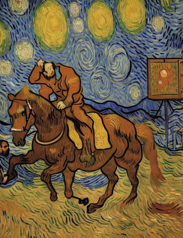 Postman on Brown Horse in Van Gogh Style Night Sky