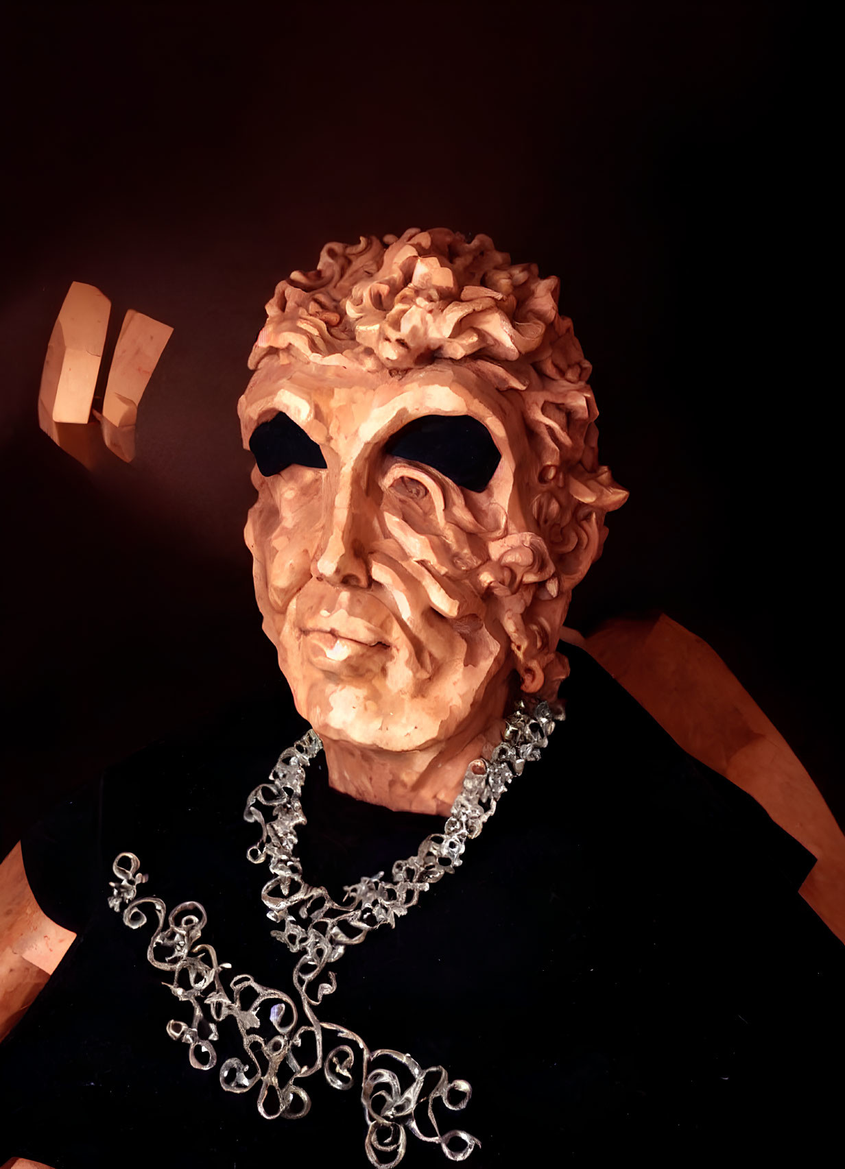 Curly-Haired Figure in Mask with Chain Necklace on Dark Background