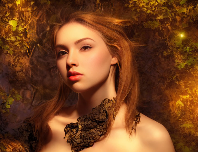 Fair-skinned woman with light brown hair surrounded by golden autumn leaves and wearing a leafy collar.