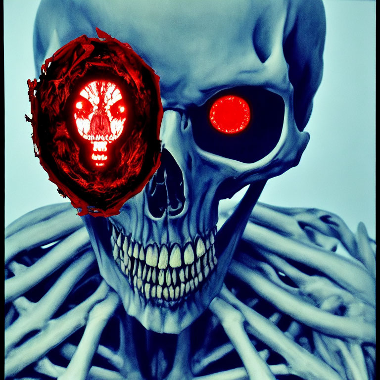 Sinister digital artwork: Skull with glowing red eye and fiery explosion eye on dark background