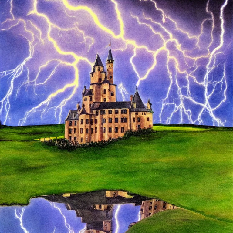 Castle with multiple spires on green hill, reflection in water, dramatic sky with lightning strikes