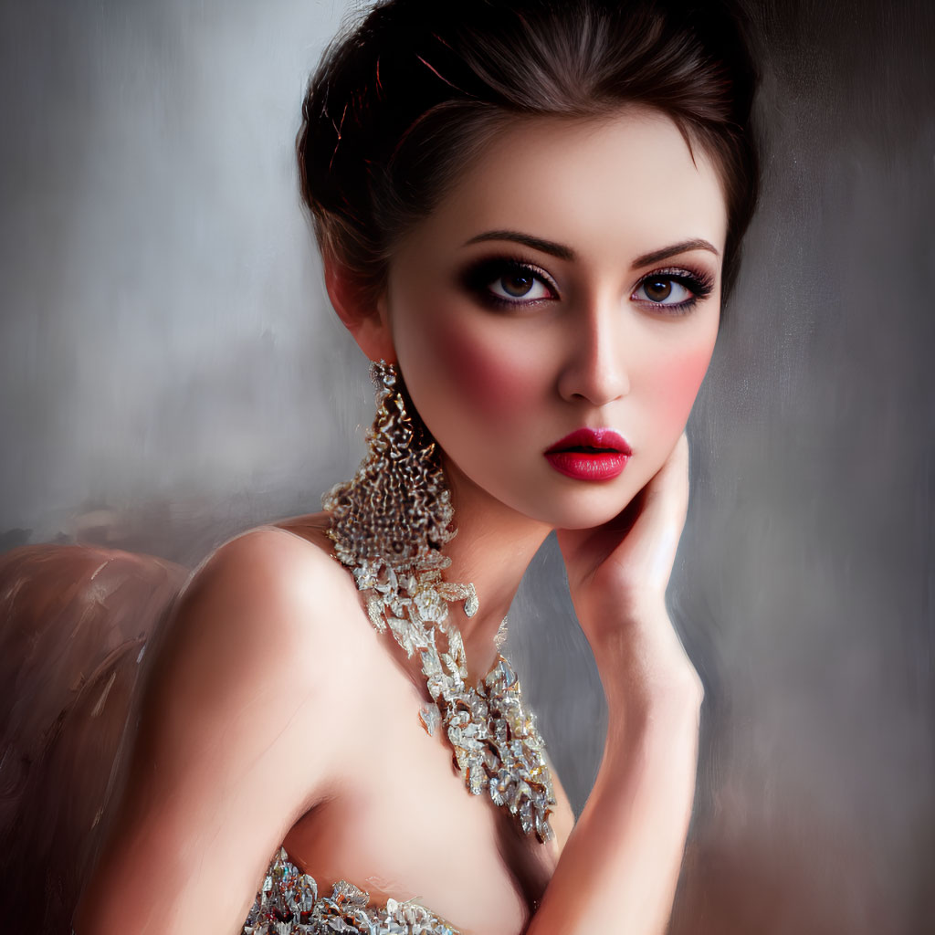 Sophisticated woman with intricate hairdo and dramatic makeup in embellished gown