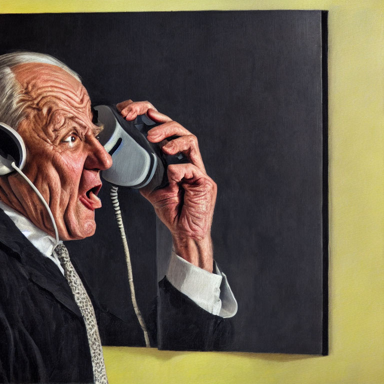 Elderly man with surprised expression holding telephone