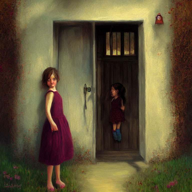 Two girls by old wooden door with lantern on textured wall.