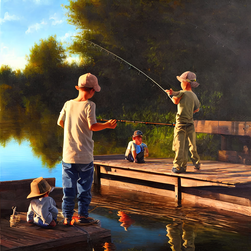 Three children fishing on a wooden pier at a serene lake during golden hour.