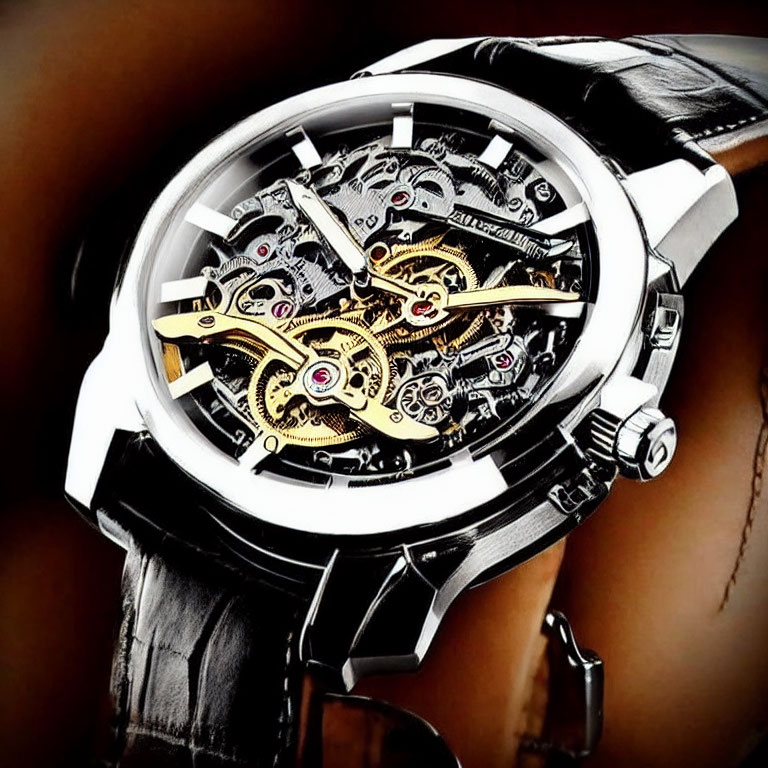 Luxurious Skeleton Wristwatch with Gold Accents and Exposed Gears