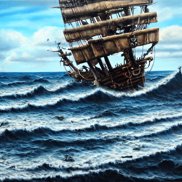 Vintage sailing ship navigating stormy blue seas under cloudy sky