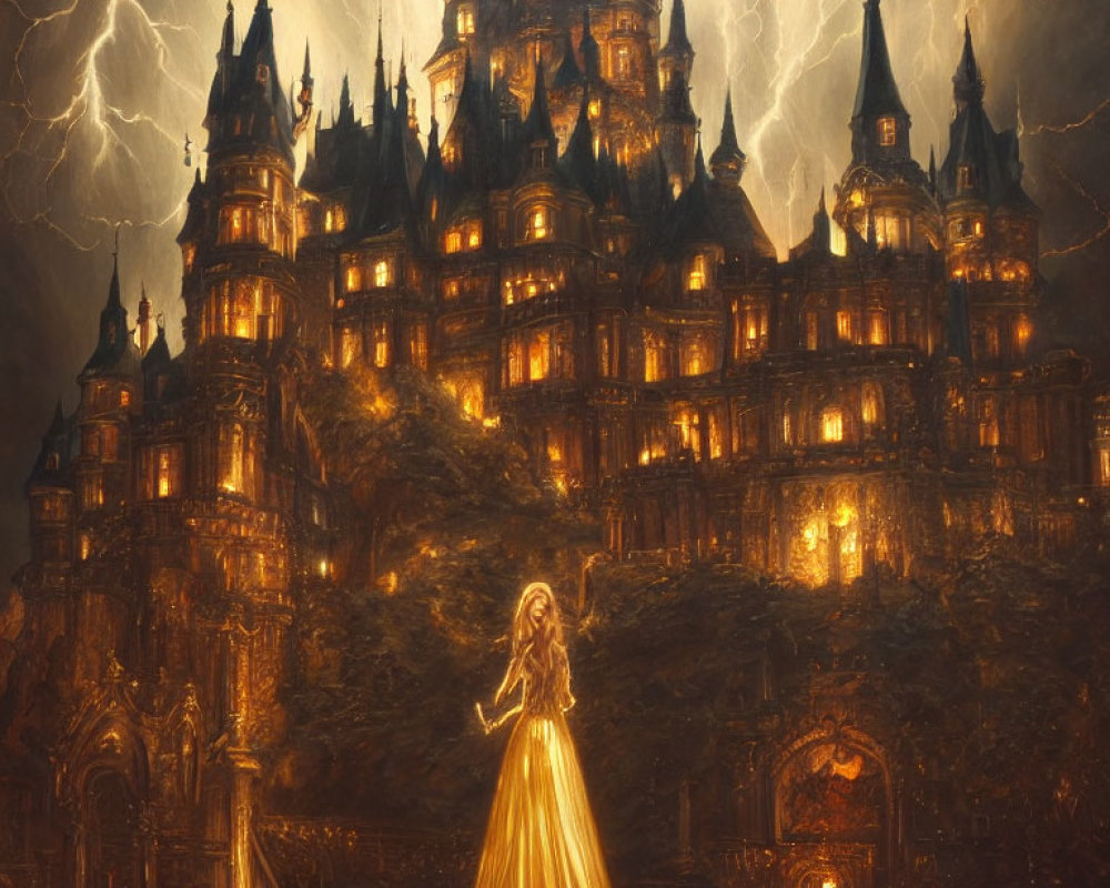 Woman in golden gown before illuminated castle under stormy sky