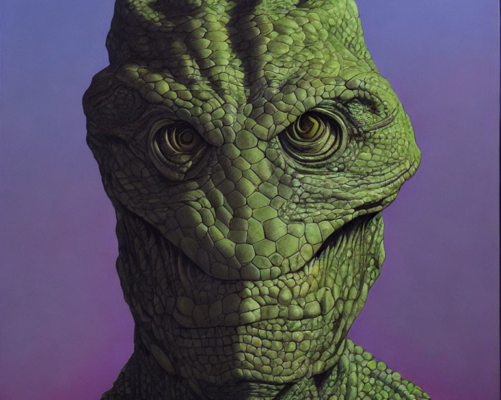 Detailed reptilian alien with green textured skin and yellow eyes on violet backdrop