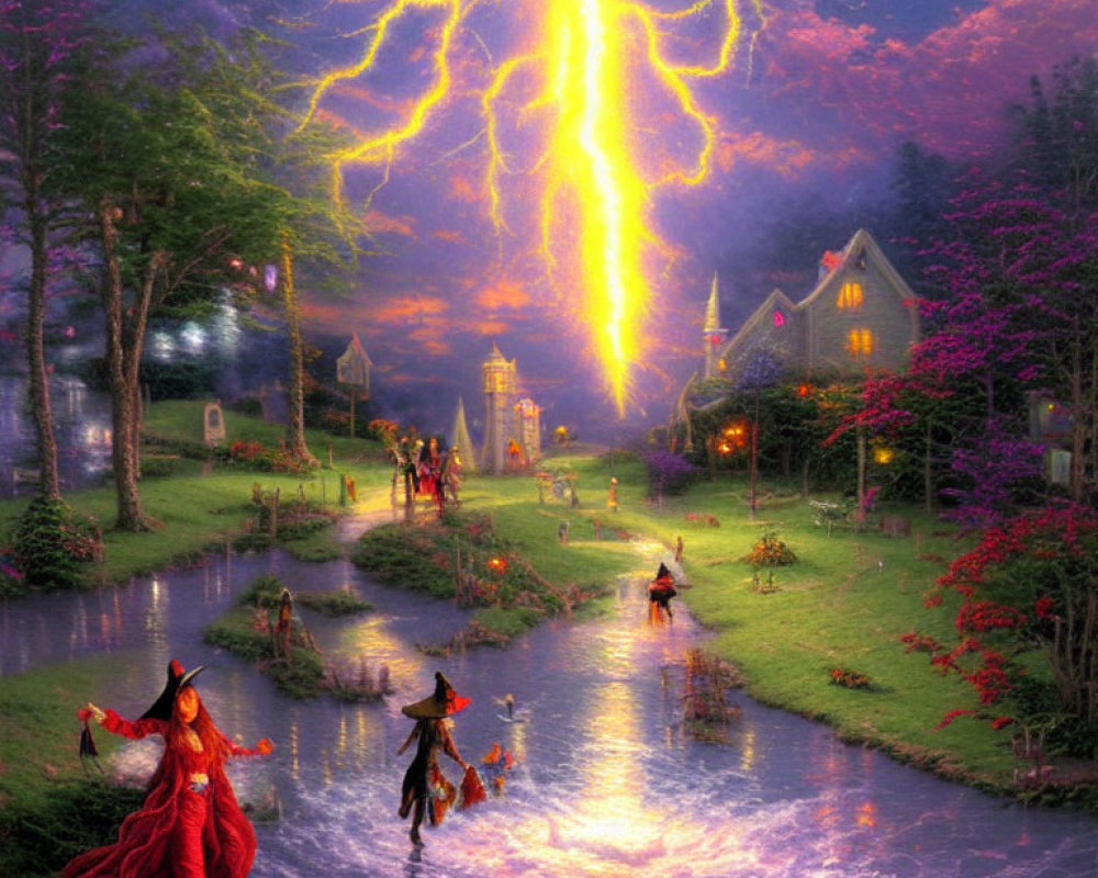 Fantasy scene: witches flying, lightning, river & houses