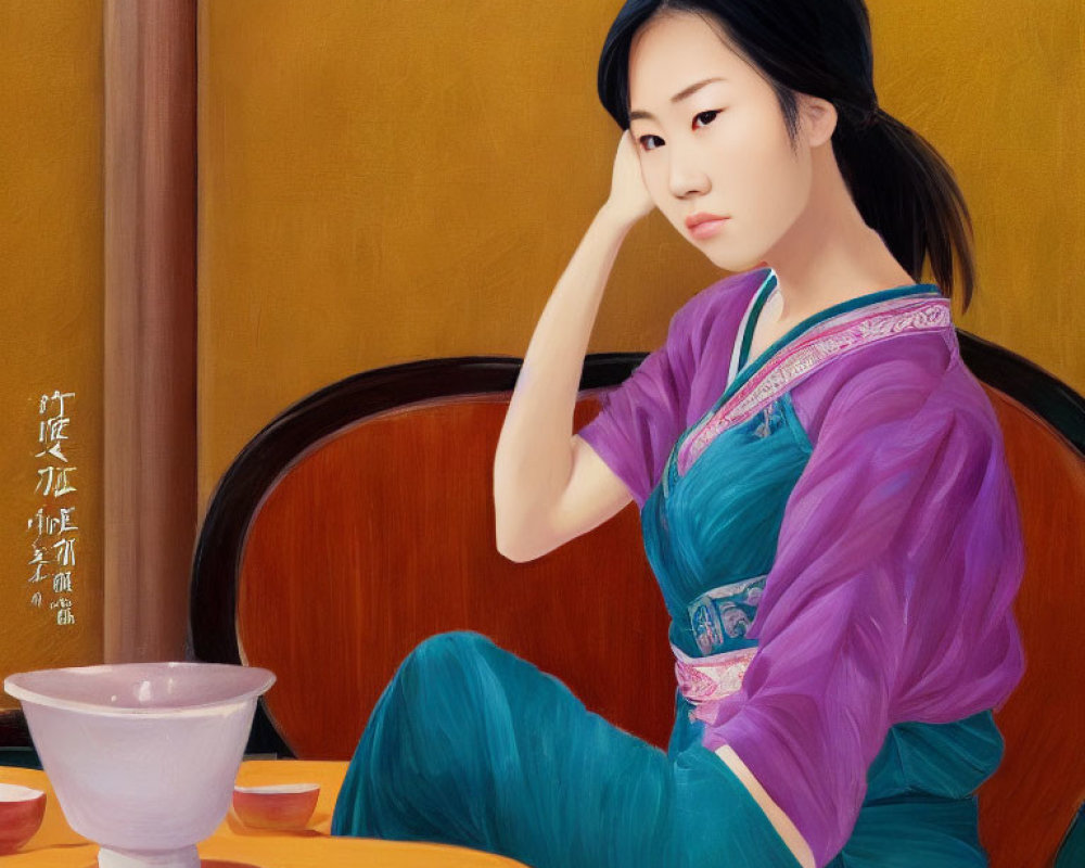 Pensive woman in traditional attire at table with Asian script.