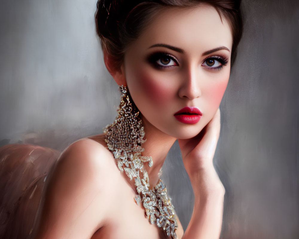 Sophisticated woman with intricate hairdo and dramatic makeup in embellished gown