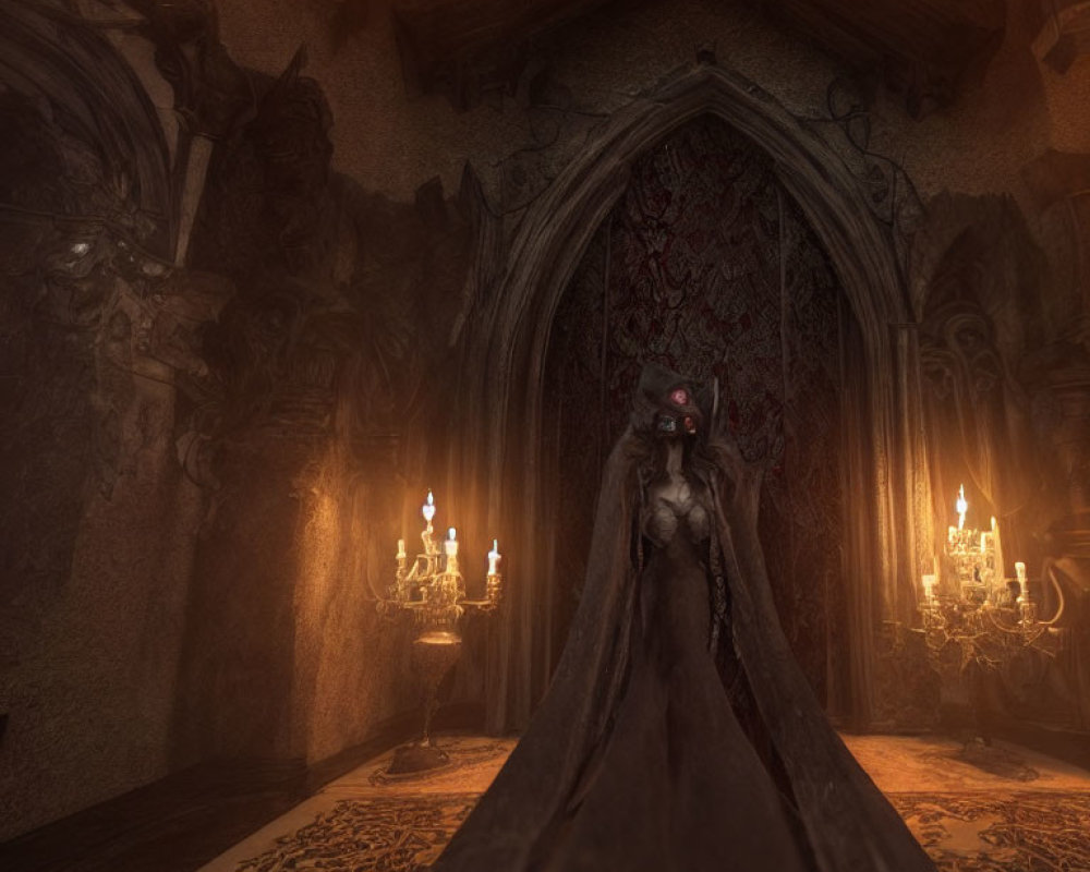 Gothic room with character in dark ornate gown