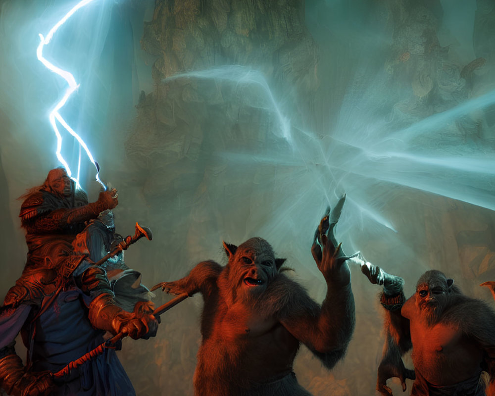 Fantasy creatures in cave with magical light and lightning strike
