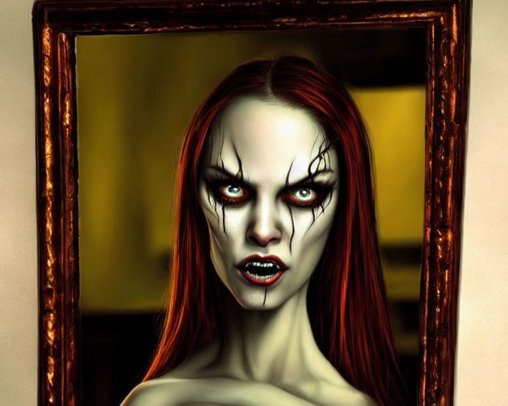 Digital artwork: Woman with vampiric features in dark mirror