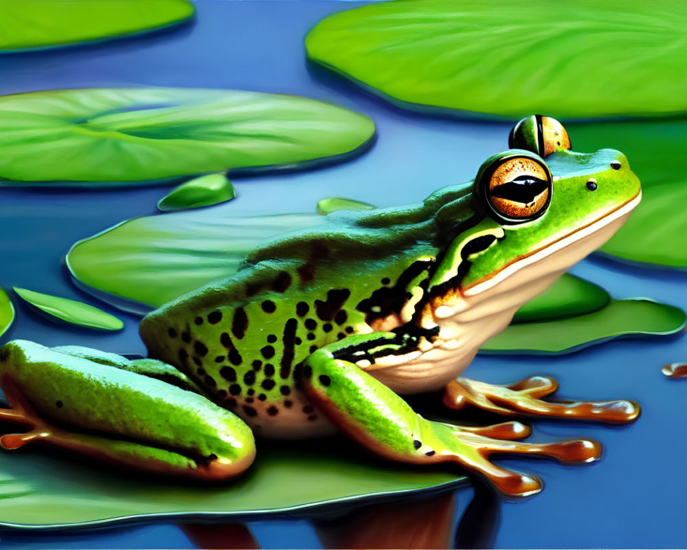 Colorful digital artwork: Green frog on lily pad in water landscape
