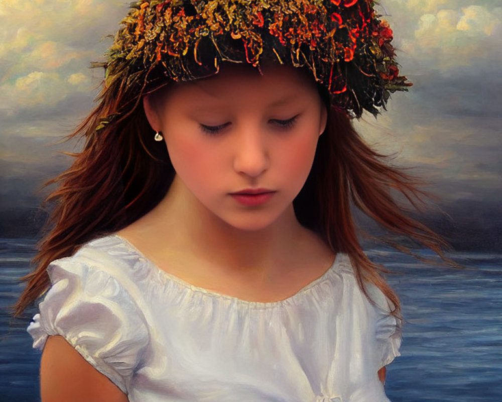 Pensive young girl with floral crown in white dress by water.