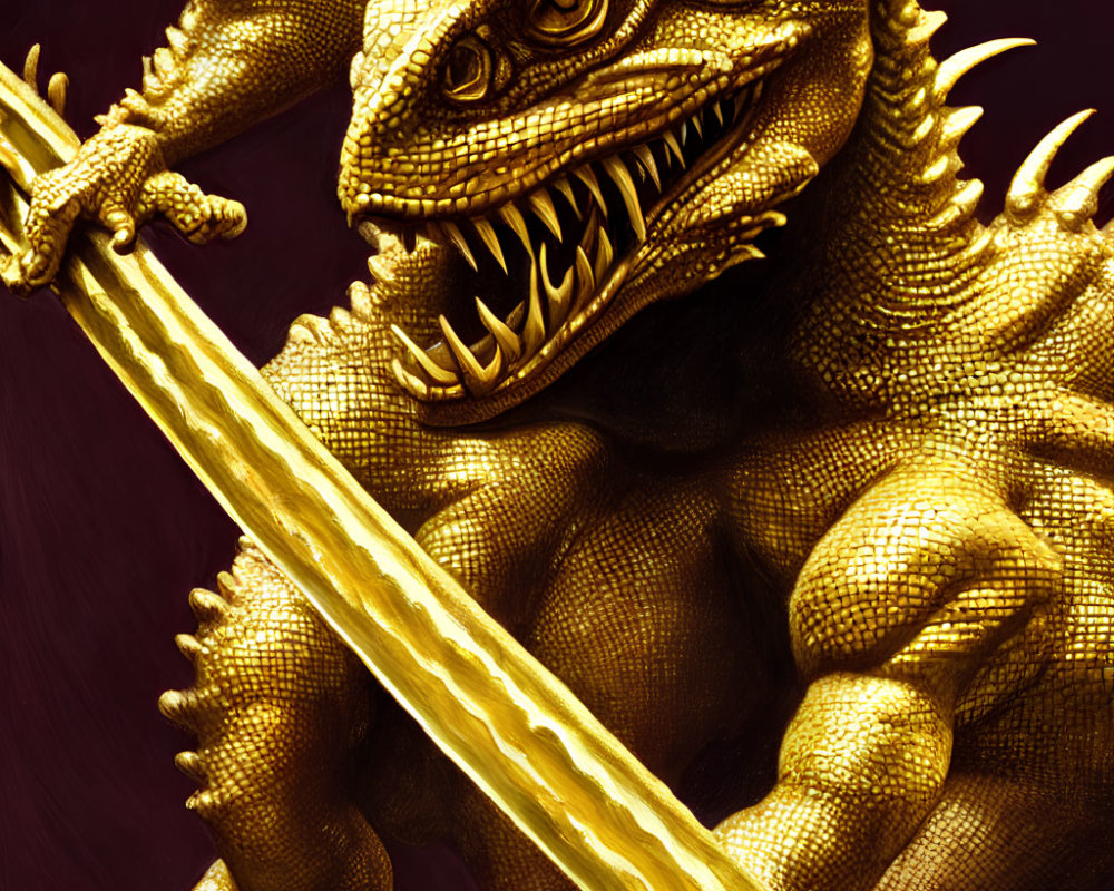 Detailed Golden Dragon Holding Sword on Red Background
