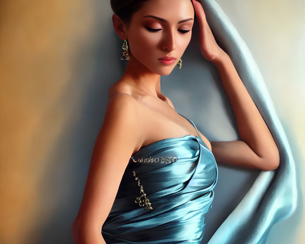 Elegant woman in blue satin gown with draped shawl and earrings poses gracefully