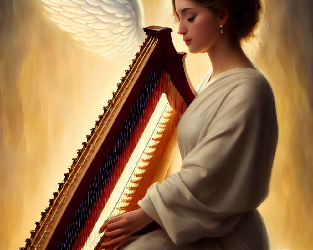 Ethereal woman with angel wings playing golden harp in warm light