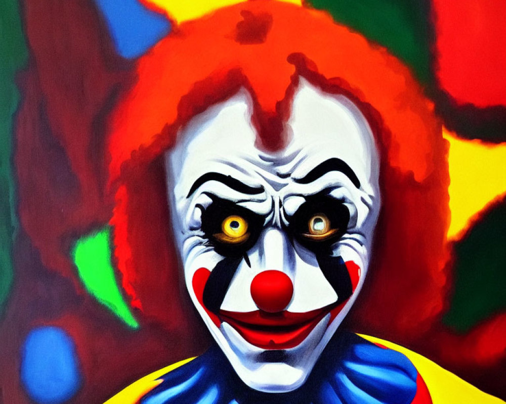 Colorful Clown Painting with Red Nose and Golden Eyes Against Abstract Background