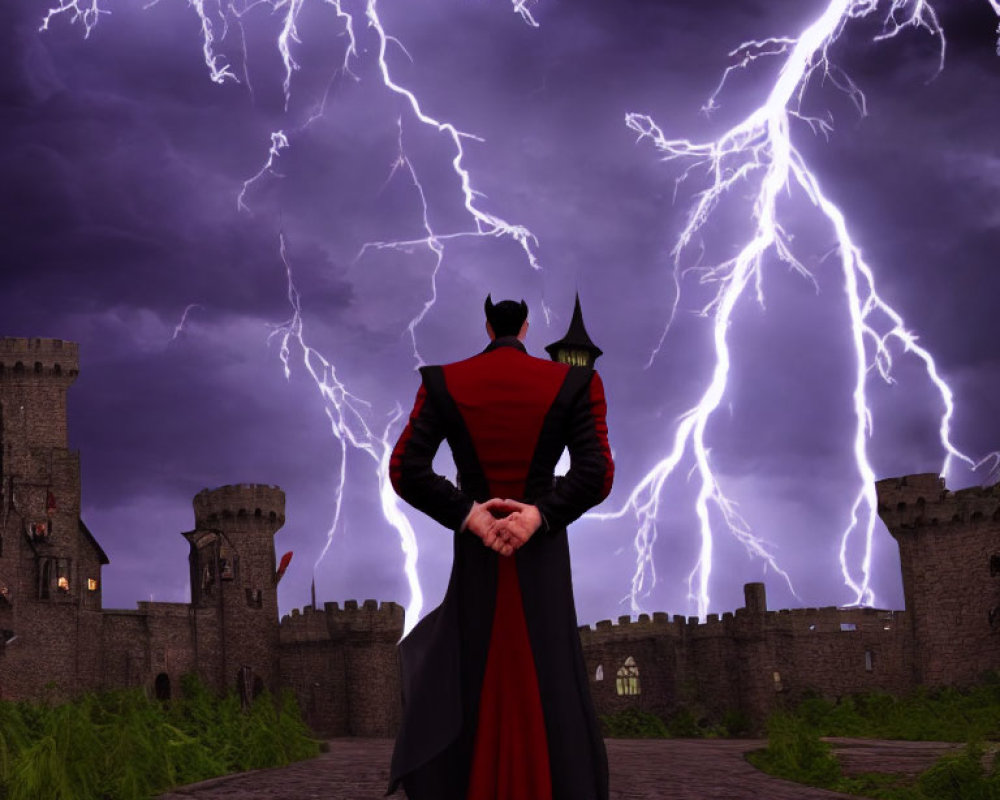 Person in dark outfit with red lining in front of stormy castle under lightning-filled sky
