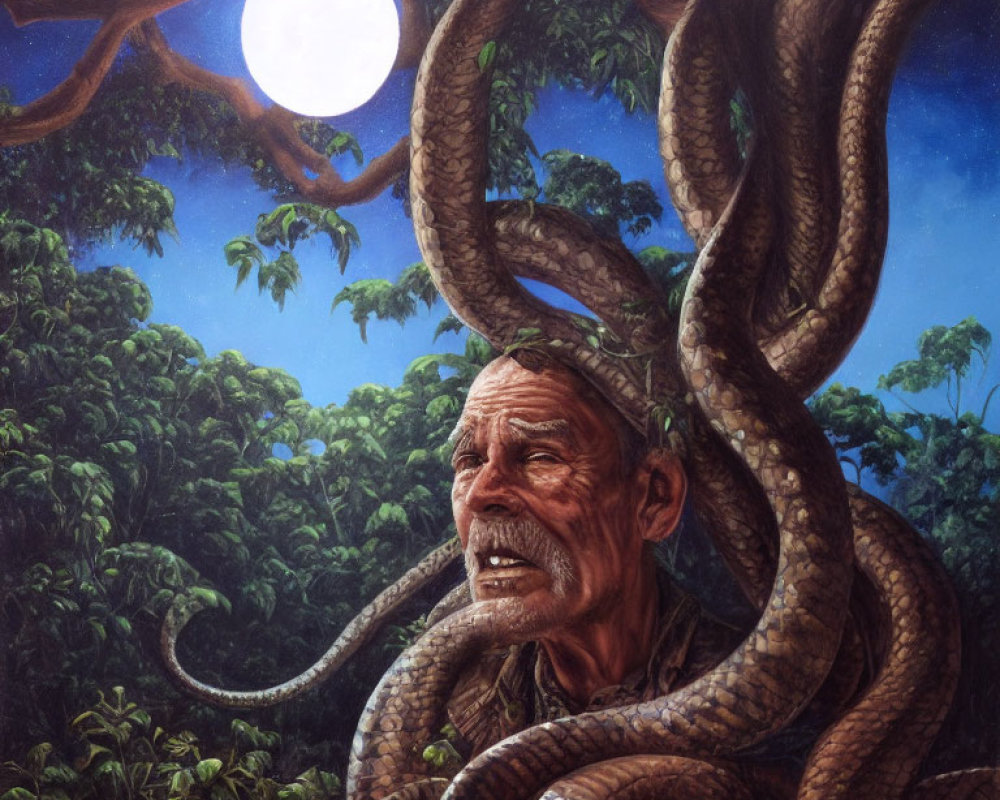 Elderly man entwined by vines under full moon