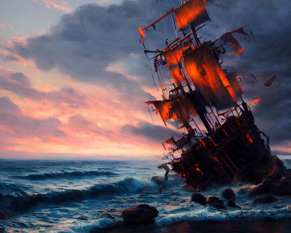 Dramatic shipwreck scene in fiery sunset ocean