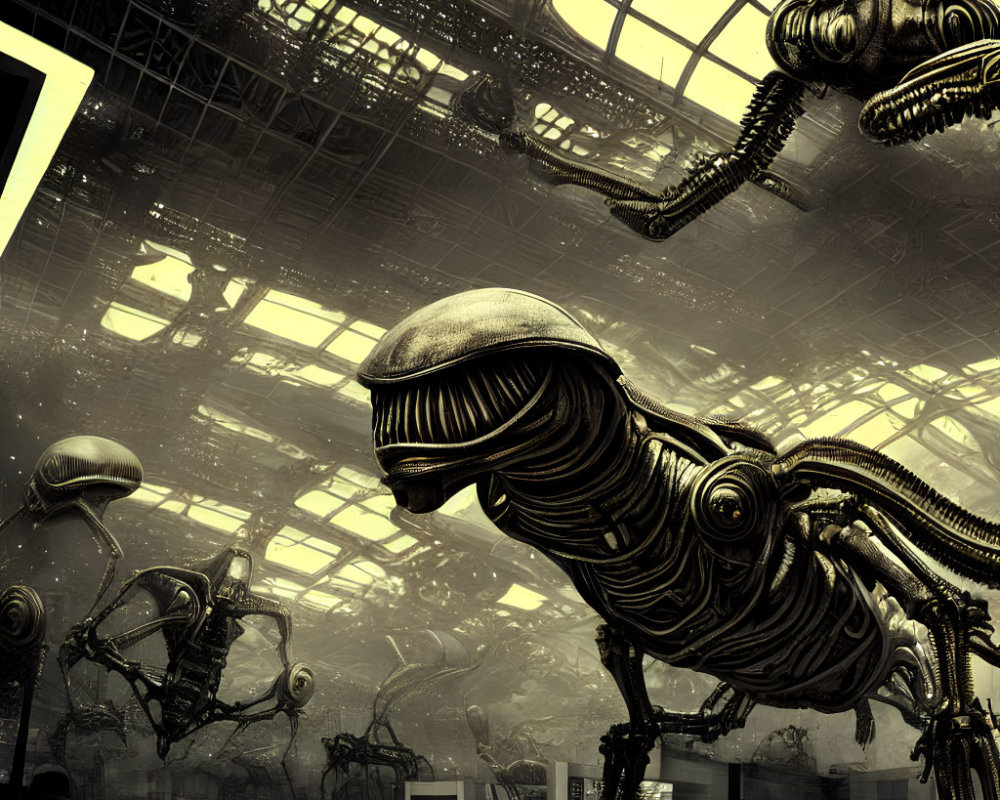 Giant biomechanical insect creatures in futuristic industrial setting.