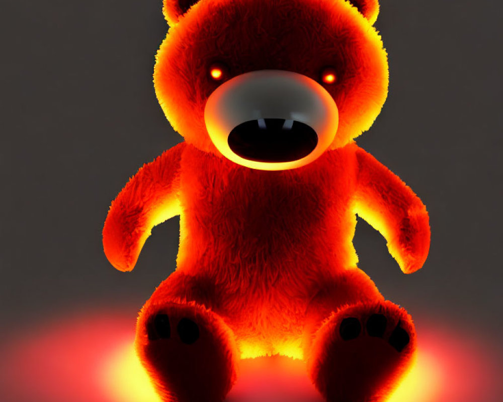 Red Glowing Teddy Bear with Angry Expression and Sharp Teeth on Dark Background