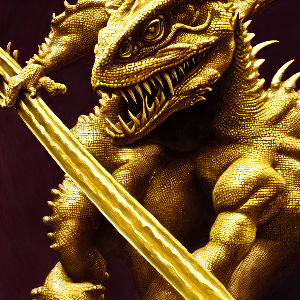 Detailed Golden Dragon Holding Sword on Red Background