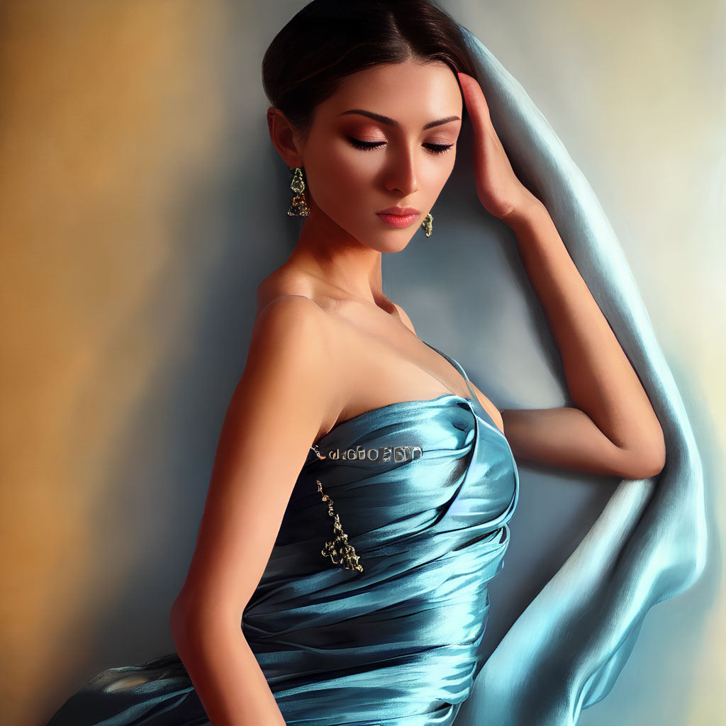 Elegant woman in blue satin gown with draped shawl and earrings poses gracefully