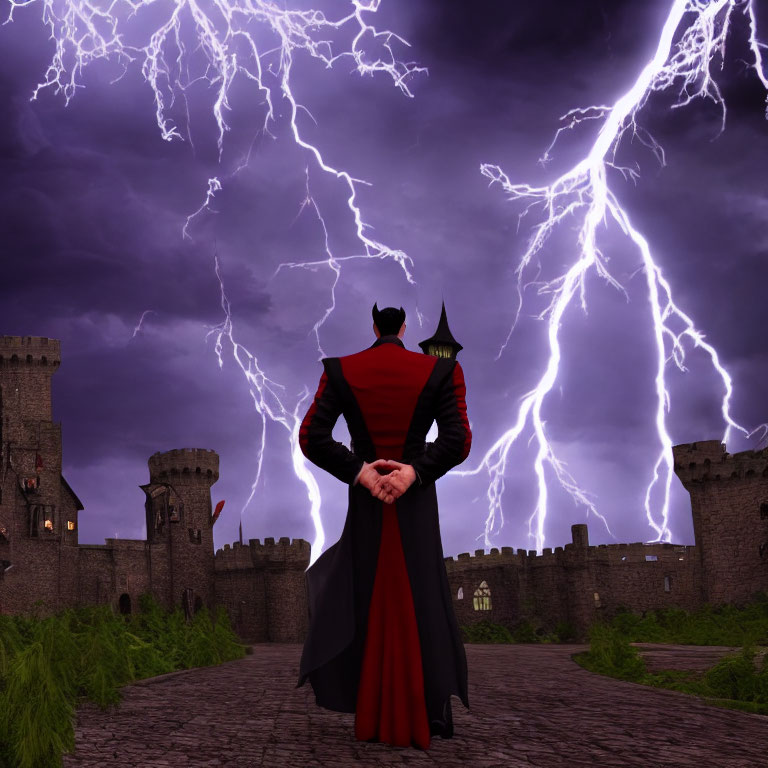 Person in dark outfit with red lining in front of stormy castle under lightning-filled sky