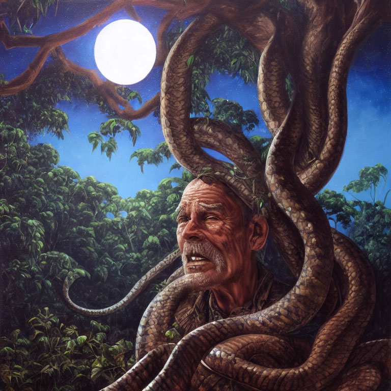 Elderly man entwined by vines under full moon
