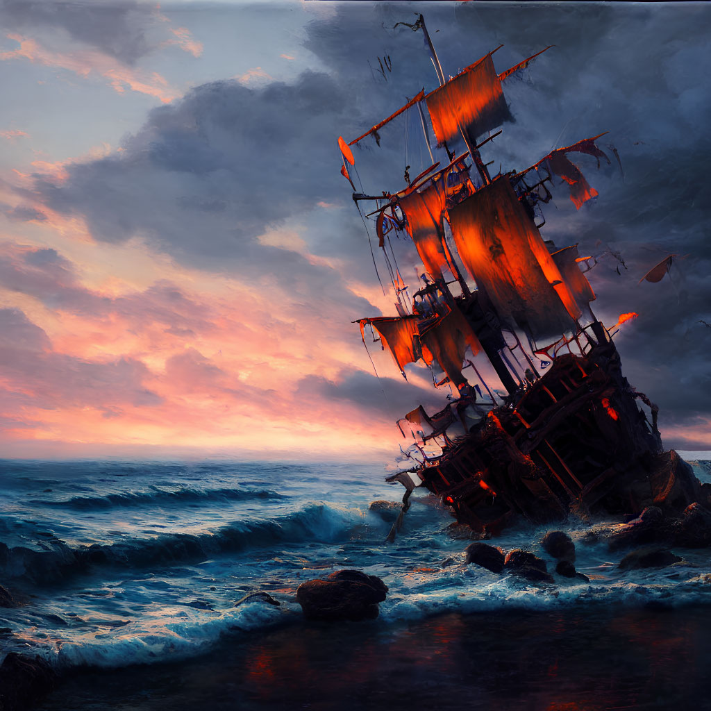 Dramatic shipwreck scene in fiery sunset ocean