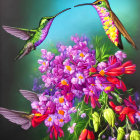 Vibrant hummingbirds near purple and pink flowers on blue-green background