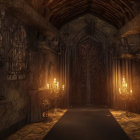 Gothic room with character in dark ornate gown