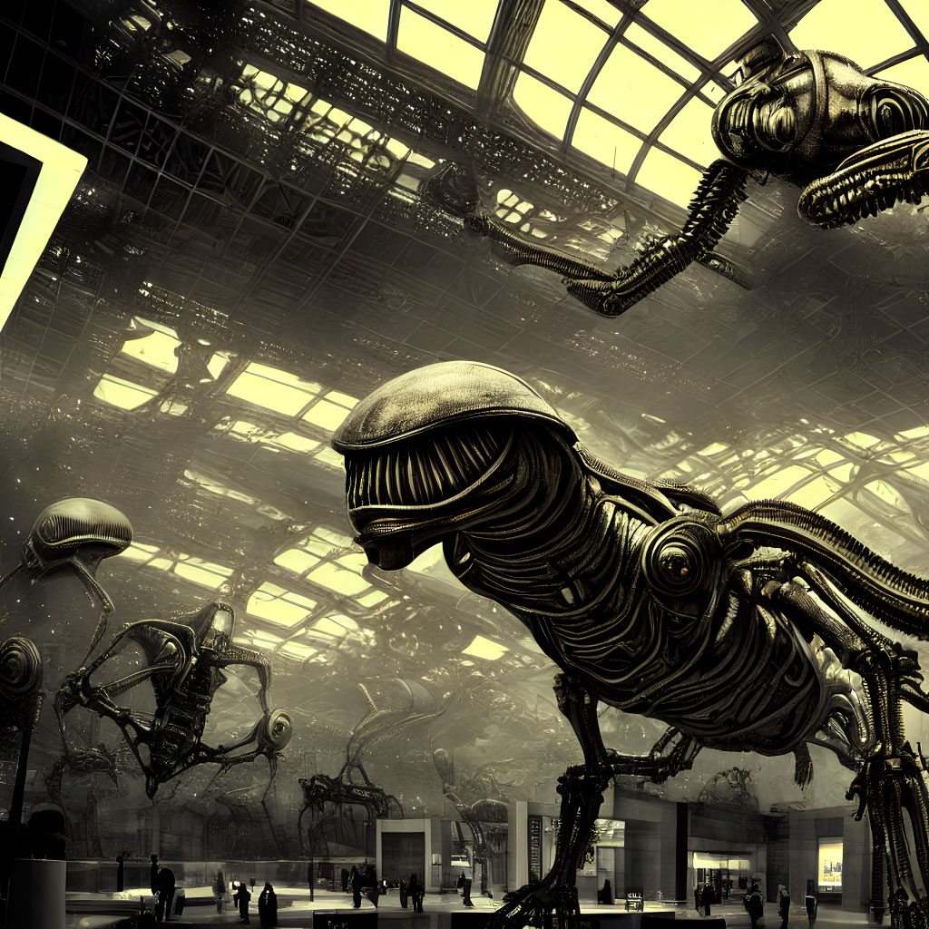 Giant biomechanical insect creatures in futuristic industrial setting.