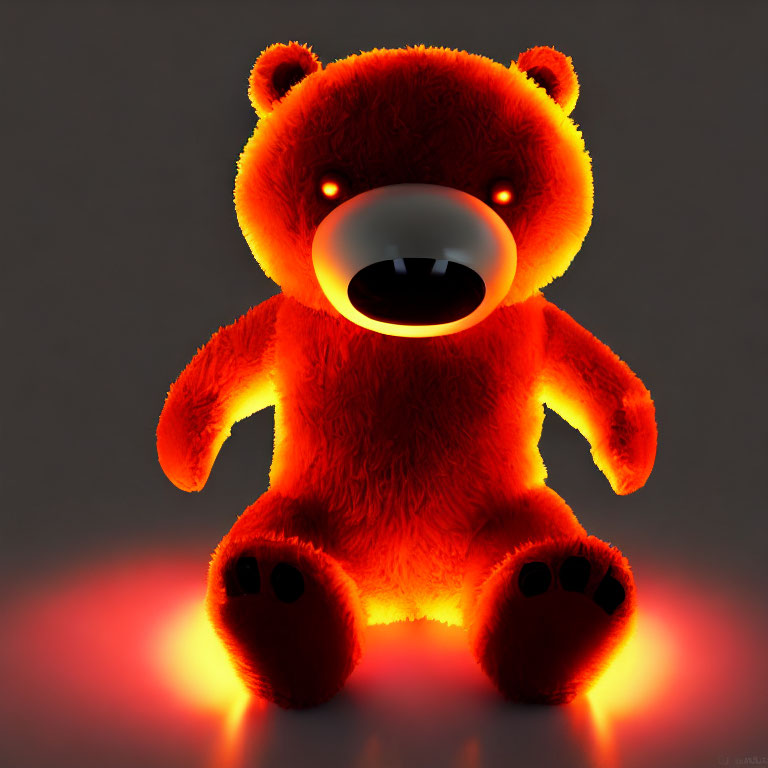 Red Glowing Teddy Bear with Angry Expression and Sharp Teeth on Dark Background