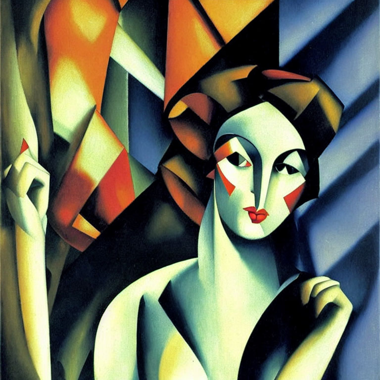Abstract Cubist painting of woman with vibrant colors & geometric shapes
