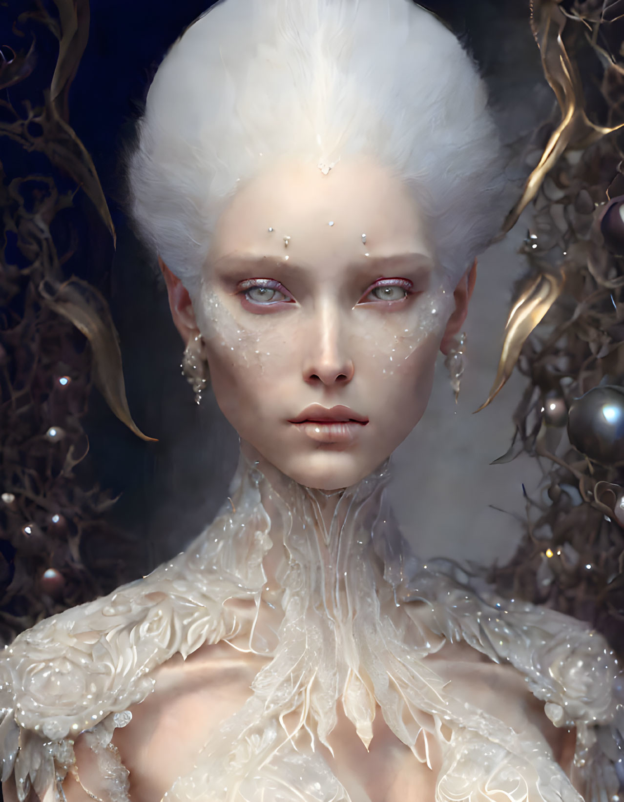 Pale-skinned female figure with red eyes and ornate white headdress in mystical setting