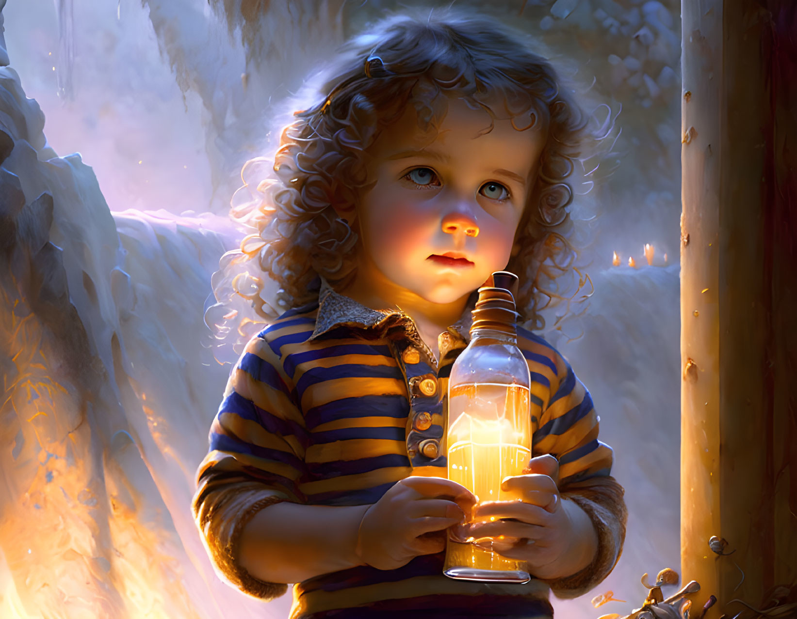Child with Curly Hair Holding Glowing Lantern in Mystical Forest