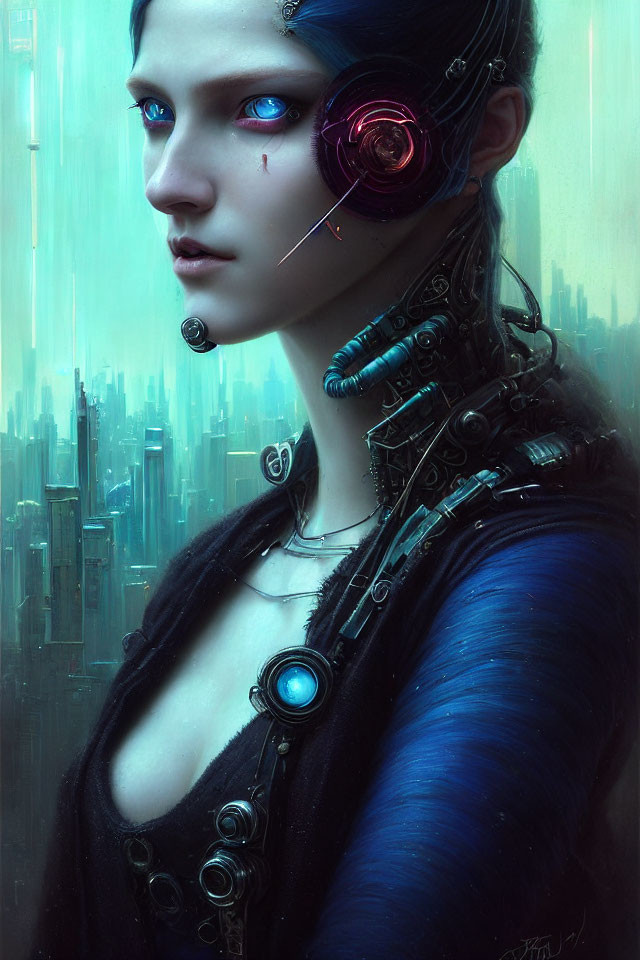 Futuristic female cyborg with blue eyes and mechanical details against cityscape.