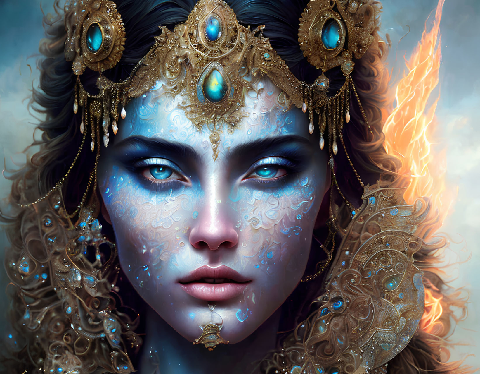 Fantasy portrait of woman with blue skin and golden headpiece against fiery backdrop