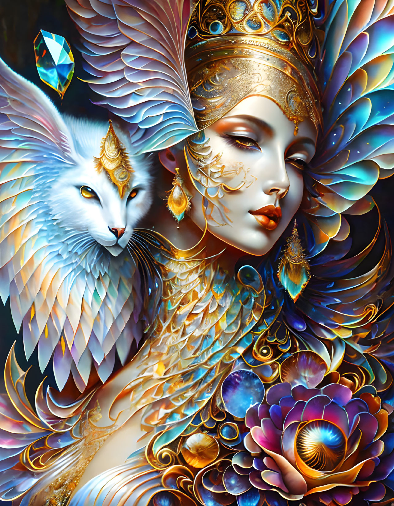 Woman with Golden Headdress and Blue Feathers alongside White Winged Cat - Ornate and Vibrant
