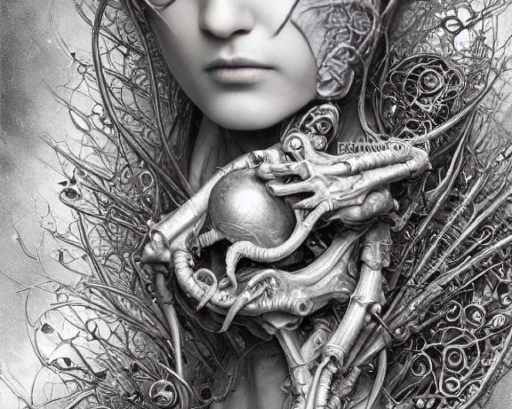 Monochromatic fantasy artwork of woman with metallic headpiece and skeletal figure