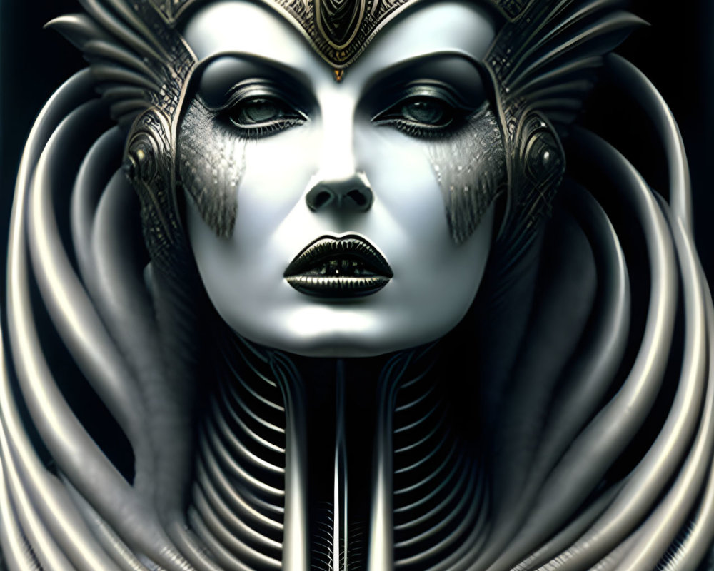 Elaborate metallic headgear and ornate neckpiece on female figure