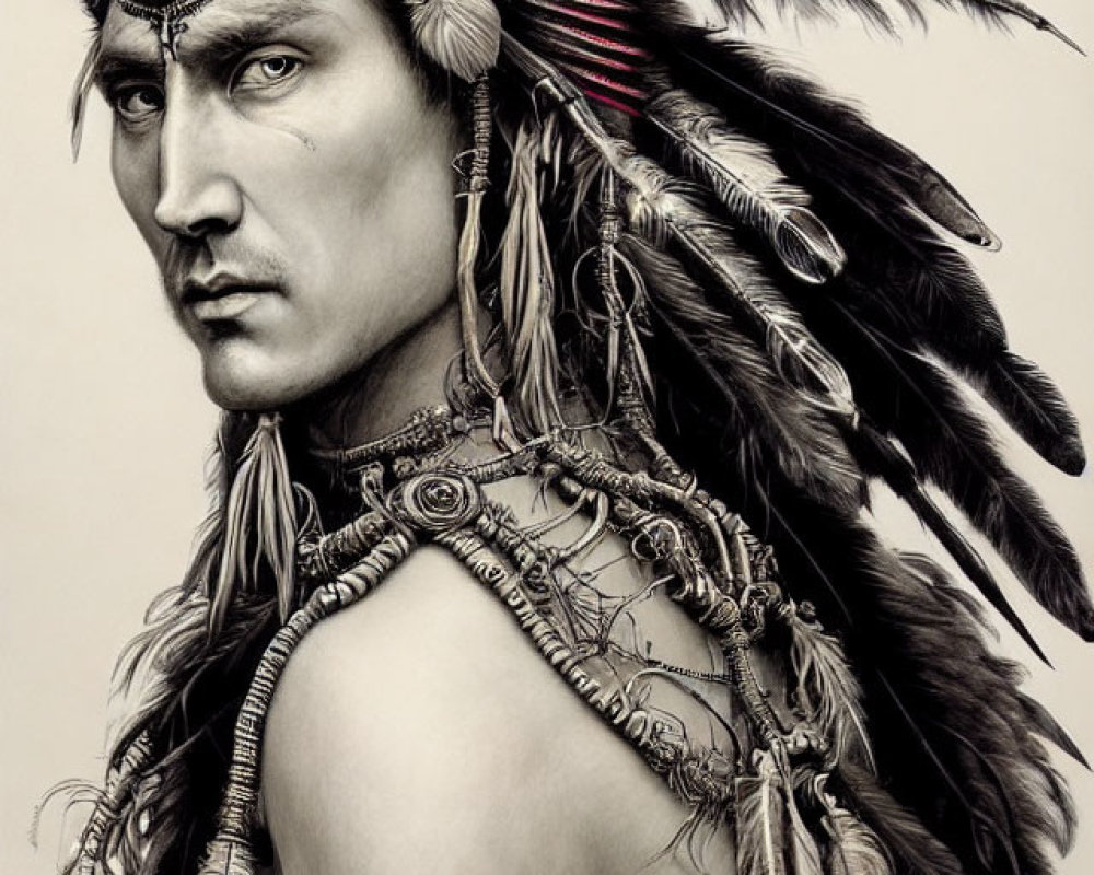 Monochrome portrait of person with feathered headdress and tribal jewelry