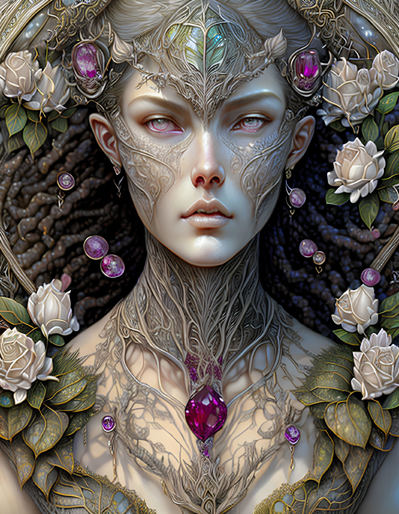 Fantastical portrait of character with tree-like tattoos, jeweled adornments, and white roses