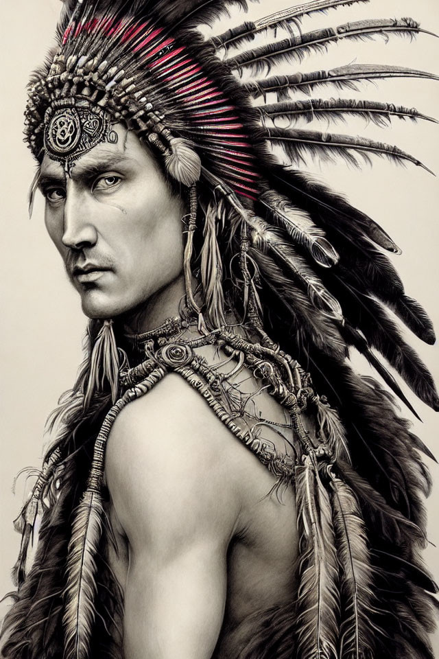 Monochrome portrait of person with feathered headdress and tribal jewelry